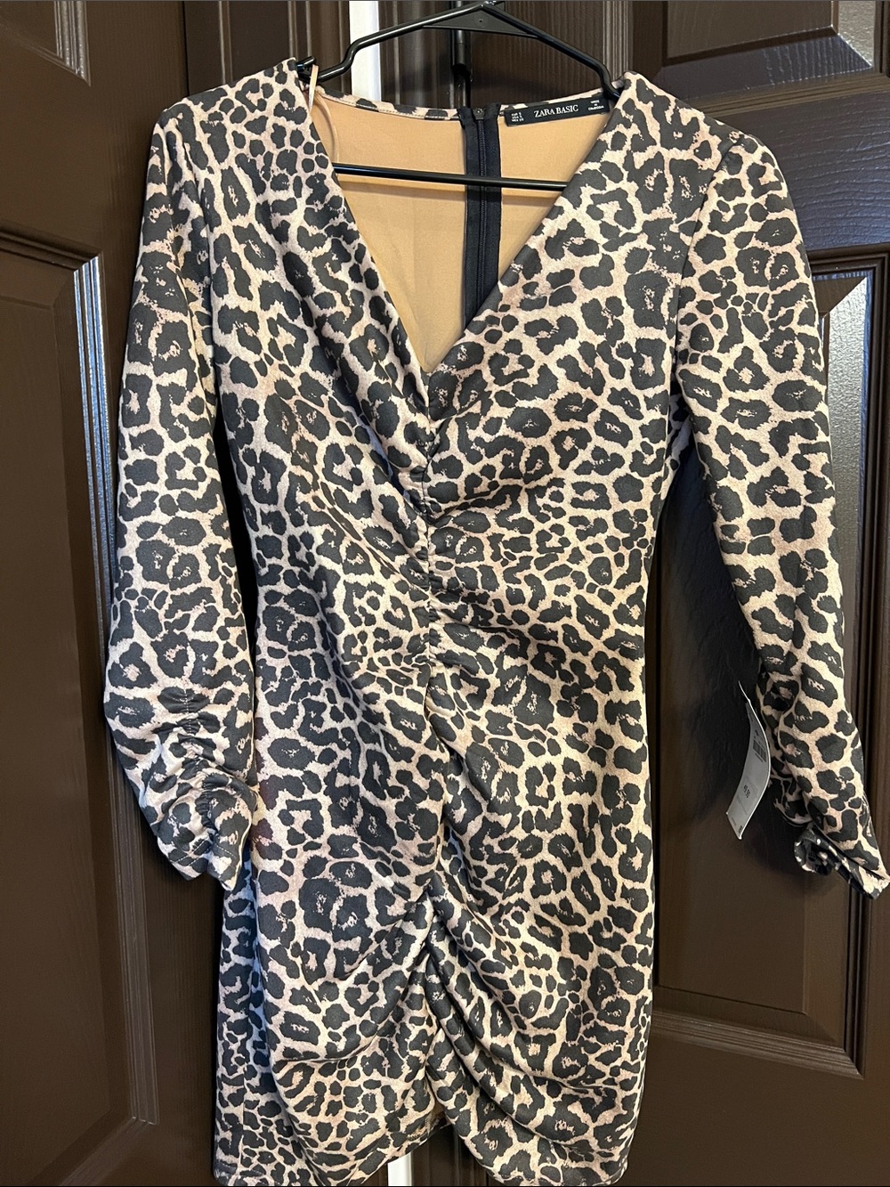 Zara Long-Sleeve Leopard Ruched V-Neck Dress - Beige and Black